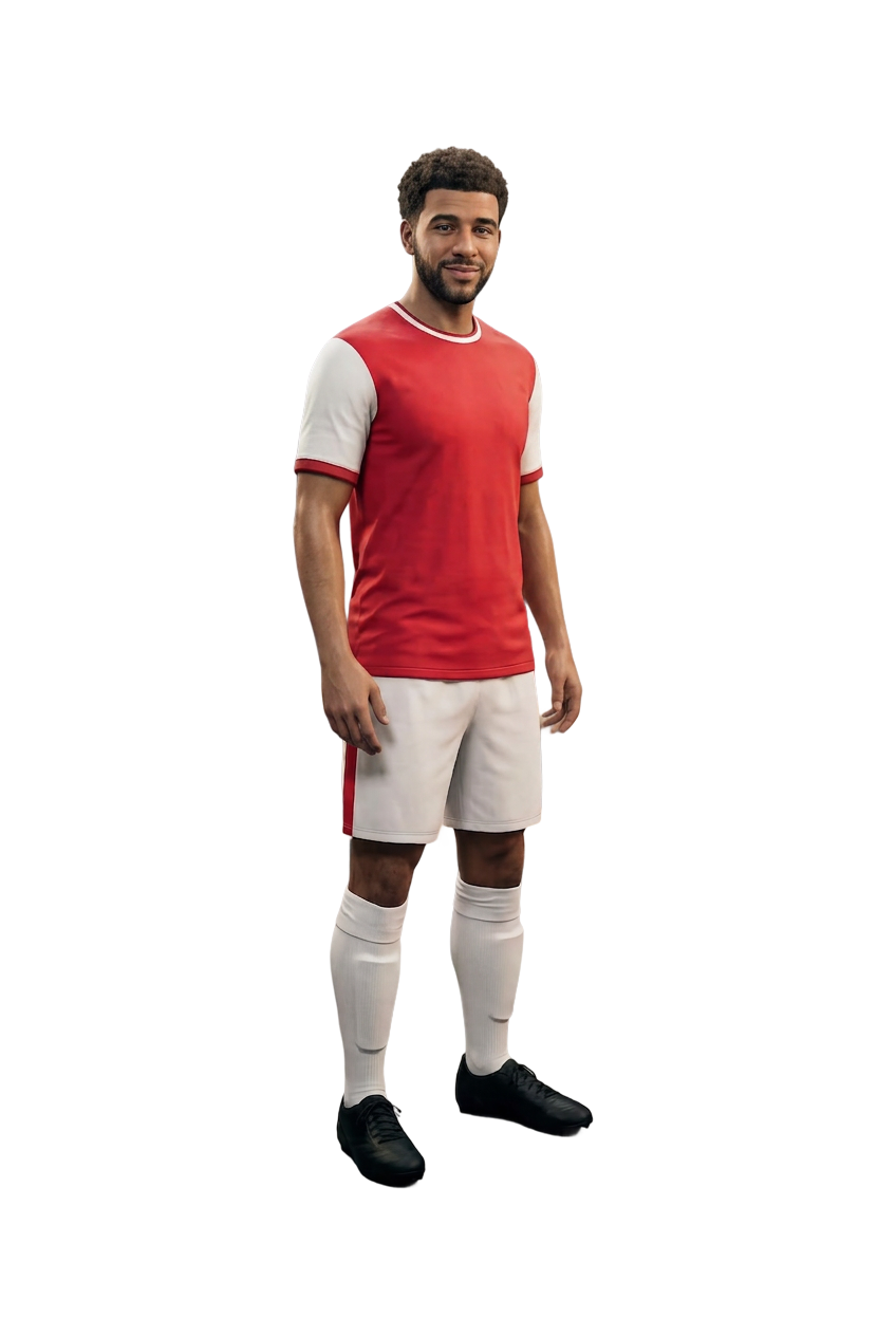 Full-length photograph of a man wearing a red and white football kit, standing in a neutral pose against a plain background, representing someone living with Akne Inversa who continues an active life with the right support.